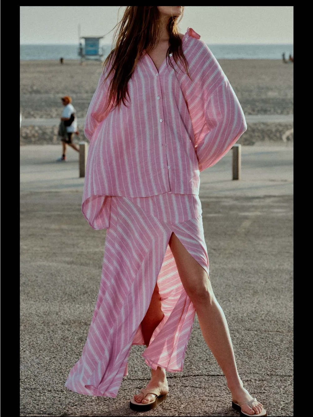 Zara Pink White Striped Button-Down Linen Shirt Relaxed Fit Small NWT - Picture 8 of 16